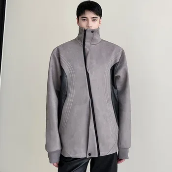 Мужская одежда SYUHGFA 2024 Осень Зима, замшевое свободное пальто из искусственной кожи со стоячим воротником, шикарный дизайн в стиле пэчворк, куртки на молнии  5