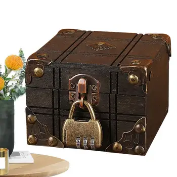 Винтажная шкатулка для сокровищ Ретро Маленькая коробка для хранения с замком Деревянная шкатулка для драгоценностей Настольный органайзер для дома Коробка на память  5
