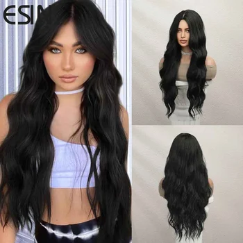 ESIN Черный парик длиной 30 дюймов, синтетические волосы, парики для женщин, для ежедневных вечеринок, для косплея, волосы из высокопрочного волокна  5