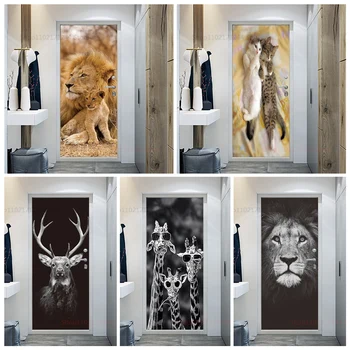 DIY 3D Виниловые наклейки со Львами для входной двери, Милые кошки, Жираф, современный дизайн дома, Настенная роспись на двери спальни, Самоклеящиеся  5