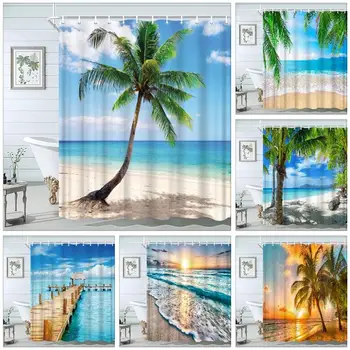 Пляжный пейзаж, Занавеска для душа, Природа, Тропический океан, Приморский пейзаж, Полиэфирная ткань, шторы для ванной Комнаты, набор крючков, домашняя настенная ткань  5