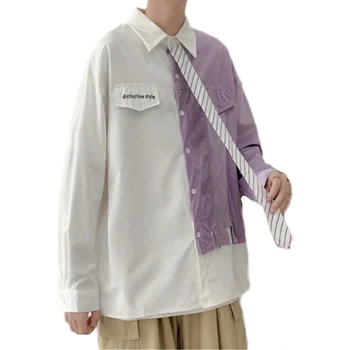 Цветная рубашка в стиле пэчворк в опрятном стиле, повседневные рубашки с отложным воротником и длинными рукавами на пуговицах С искусственным галстуком, мужская уличная мода  5