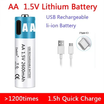 Батарея AA 1,5 В Литий-ионная Аккумуляторная Батарея AA С USB-кабелем Li-polymer Type-C Литиевые Батареи Для Игрушечного Пульта Дистанционного Управления MP3  5