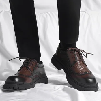 Мужские Весенне-осенние Кожаные ботинки, Мужские Модные Ботильоны с крокодиловым узором, Деловая Повседневная Мужская обувь на шнуровке, Массивная Рабочая обувь  5