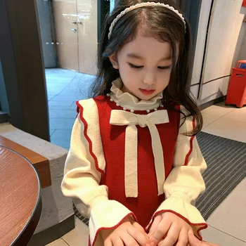 Осень Зима Новое Корейское платье Kawaii Sweet Girls Мода Harajuku Милое Детское вязаное платье С длинным рукавом Однотонная Детская одежда  5