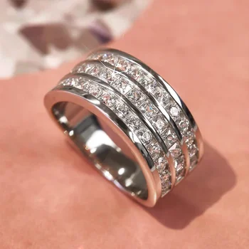 Трехлинейные кольца с фианитами, Роскошные аксессуары серебристого цвета для женщин, сверкающие обручальные кольца для новобрачных, Новые модные украшения  5