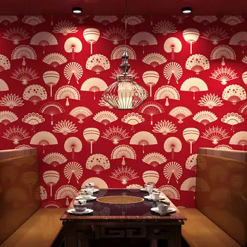 Обои с красными китайскими веерами 9,5 М * 0,53 м, фон для чайного домика, украшение стен ресторана отеля, японские классические обои  1