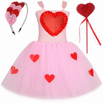 Платье-пачка для маленьких девочек на День Святого Валентина Розовое платье принцессы из тюля Love Heart Бальное платье Детский Свадебный костюм на День рождения  4