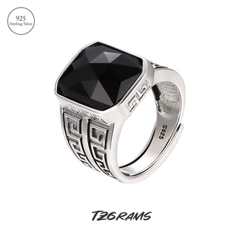 Кольцо из стерлингового серебра 925 пробы с ониксом, прямоугольник из черного камня, винтажные кольца с геометрической резьбой для женщин, эффектные ювелирные изделия  4