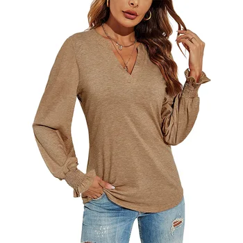 Популярный Облегающий пуловер С V-образным вырезом и длинным рукавом Осенью 2022 года, Однотонная футболка С длинным рукавом Для женщин  5