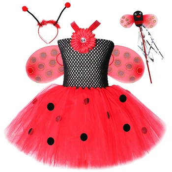 Костюмы феи-леди-жука для девочек, детское платье-пачка на Хэллоуин с крыльями, платья принцессы с подсолнухом, наряды на день рождения  5