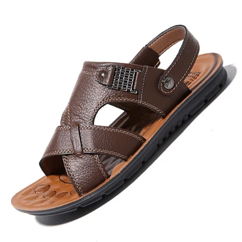 Кожаные сандалии Мужские Летние Классические мужские Большого размера 47 в римском стиле, Хорошая Новая уличная обувь для прогулок, мужская обувь, тапочки, пляжные сандалии  5