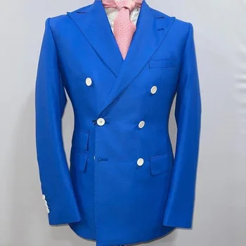 Королевский синий блейзер + брюки, мужской костюм, 2 предмета, двубортные повседневные смокинги на плоской подошве, приталенный крой для свадьбы  10
