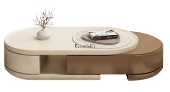 Чайный столик в кремовом стиле, Каменная плита для гостиной, современный простой овальный выдвижной чайный столик  5