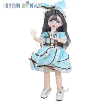 Кукла SISON BENNE 1/6 BJD, милая 12-дюймовая кукла-девочка в синем платье, повязка на голову, макияж, полный набор игрушек  10
