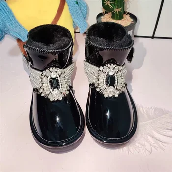 Цельные меховые сапоги ручной работы с бриллиантами и жемчугом на заказ, модные зимние теплые детские ботинки из флиса, размер 25-40  4