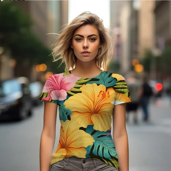 Летняя новая женская футболка с 3D принтом гибискуса, женская футболка в повседневном стиле, женская футболка, модный тренд, женская футболка  5