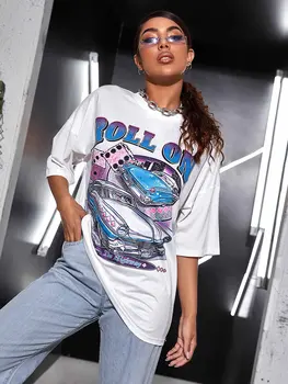 Roll On Dice, крутая машина, шоссе, женские футболки с забавным рисунком, хлопковая футболка, уличная летняя одежда, повседневные футболки оверсайз  5