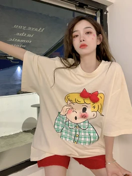 Женская Корейская футболка Harajuku в стиле ретро Ins с мультяшным принтом 