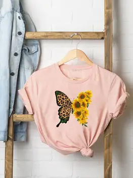 Трендовая милая футболка с леопардовым крылом бабочки, Летняя футболка с графическим рисунком, женская модная повседневная одежда с коротким рукавом, Женская футболка с принтом  5