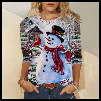 2022 Женский ретро пуловер с длинным рукавом, осень-зима, Круглый вырез, Тонкие свободные топы, футболка с принтом Рождественского снеговика  5