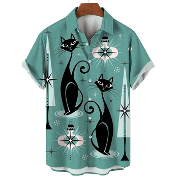 Рубашка 2023, топ с рисунком животного кота, графическая футболка, модная повседневная рубашка в стиле харадзюку с коротким рукавом, пляжная рубашка Унисекс, одежда оверсайз  5