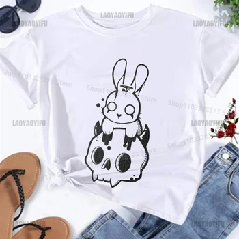 Рубашка с модальным принтом в виде черепа кролика, повседневная футболка в стиле харадзюку, уличная мода, одежда с коротким рукавом, уличная одежда для мужчин в стиле хип-хоп  5