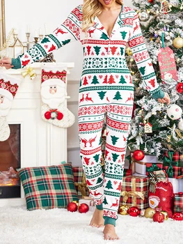 Женские рождественские пижамы ZIYIXIN, комбинезон с V-образным вырезом и длинным рукавом, свободные эластичные рождественские комбинезоны со съемной промежностью  5