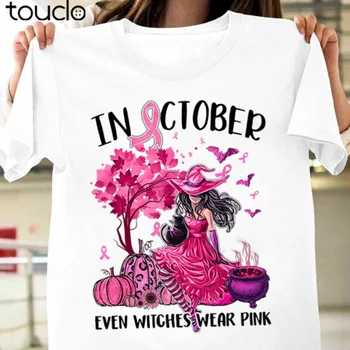 В октябре Даже Ведьмы Носят розовую осеннюю футболку с надписью Fall Breast Cancer На Хэллоуин  5