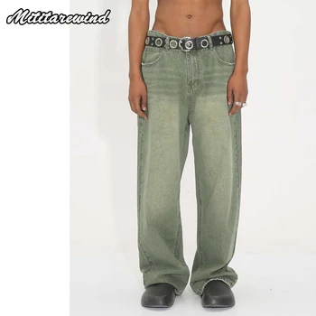 Новый корейский стиль, свободные повседневные модные джинсы для мужчин, одежда для Хай-стрит, Универсальная Простая уличная одежда в стиле хип-хоп, Молодежная Винтажная Зеленая  5