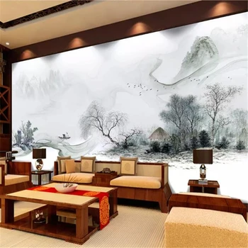 обои wellyu для домашнего декора, обои на заказ, Новый китайский стиль, китайские чернила и стирка, мечтательный пейзаж, диван на фоне стены  5
