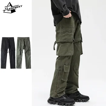 Джинсы для хай-стрит, мужские, женские, в стиле хип-хоп, выстиранные, потертые джинсовые брюки, ретро-ковбойские брюки с несколькими карманами, американская уличная одежда-карго  5