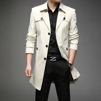 Мужские длинные тренчи, высококачественная ветровка на пуговицах, мужская модная однотонная верхняя одежда с отложным воротником, куртки больших размеров  5