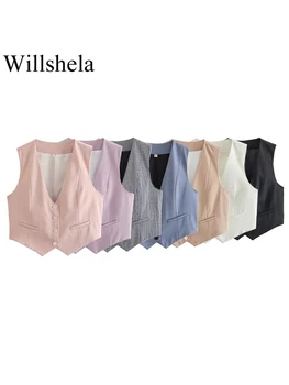 Willshela, женский модный однобортный жилет, куртки без рукавов, винтажный жилет с V-образным вырезом, женские шикарные женские топы на бретелях  10