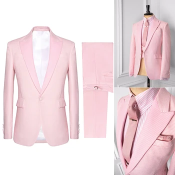 Розовые мужские костюмы в крошечную собачью клетку, сшитые на заказ, 2 предмета, блейзер, жилет на одной пуговице, деловой тонкий свадебный костюм для жениха, сшитый на заказ, плюс размер  10