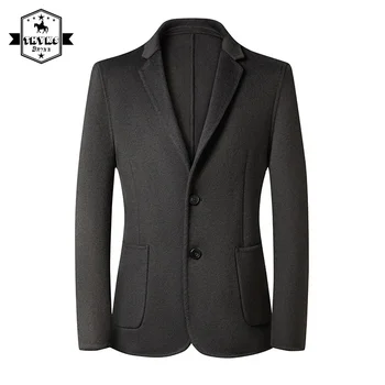 Шерстяной деловой приталенный блейзер, мужской однотонный свободный повседневный официальный полушерстяной пиджак, мужское простое элегантное теплое пальто, осень  0