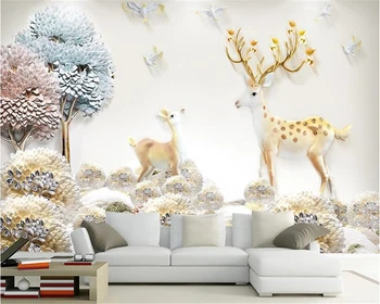 beibehang Современный минималистичный скандинавский рельеф, трехмерная персонализированная шелковая ткань, 3D обои, дерево, лось, европейский фон  2
