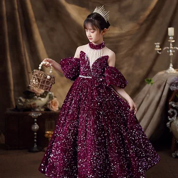 Детское платье 2023, новое платье принцессы с блестками, модное платье для подиума, Помпадур, игра на фортепиано, детский костюм весна-лето  5