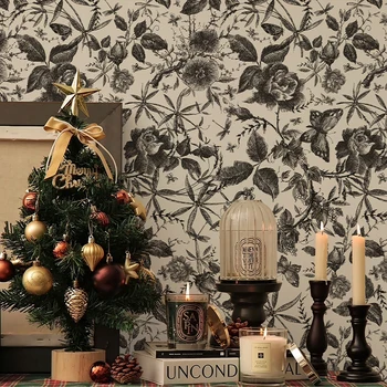 Рождественские обои из ПВХ с французской романтикой, Праздничные черные текстурированные самоклеящиеся обои, отклеивающиеся от мебели, Ремонт стен.  4