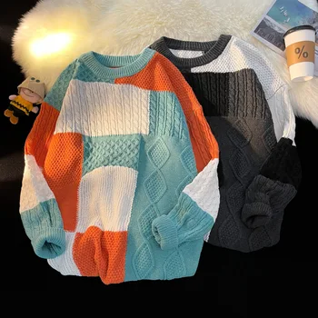 Мужской жаккардовый свитер контрастного цвета в стиле ретро 2024 года, осенне-зимний Свободный Универсальный повседневный свитер с круглым вырезом  3