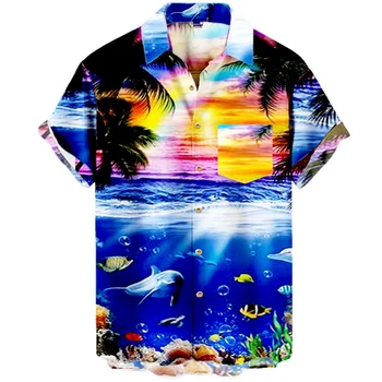Летняя Гавайская мужская рубашка Оверсайз с 3D рисунком кокосовой пальмы Повседневная одежда Y2k Уличная Винтажная Одежда для ОТДЫХА и пляжа Dazn  5