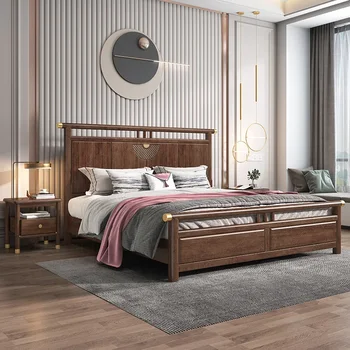 Изготовленная на заказ Новая кровать из массива дерева в китайском стиле, двуспальная кровать из орехового дерева, спальня, главная спальня, небольшая квартира, кладовка, деревянная свадьба  5
