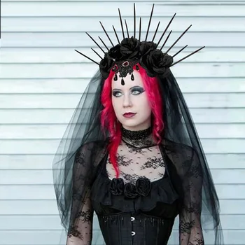 Праздничное платье невесты на Хэллоуин, свадебная фата, повязка на голову, готическая корона, винтажный костюм для женщин  5