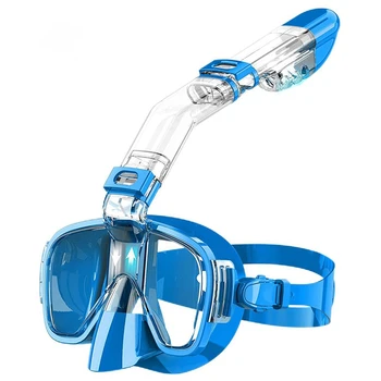 2X маска для подводного плавания, набор складных масок для дайвинга с системой сухого верха и креплением для камеры, снаряжение для подводного плавания с защитой от запотевания-синий  5