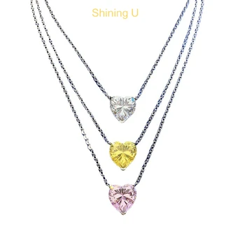 Сияющий U S925 Серебро 12*12 мм Сердце Желтые Драгоценные Камни Кулон Ожерелье для Женщин Изысканные Ювелирные Изделия Подарок на Новый Год  5