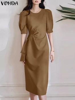 Женское Элегантное однотонное платье Миди VONDA 2023, Повседневное Элегантное вечернее платье с пышными рукавами, Пляжный сарафан, Свободный женский халат Оверсайз  5