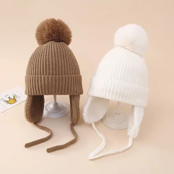 Зимние детские вязаные шапки, шапка-бини с большим помпоном и ушанками, Шерстяная плюшевая шапка для детей, капор, утепленные теплые Аксессуары для детей  5