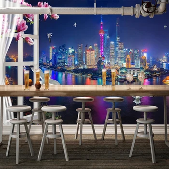 Пользовательские 3D обои Красивый ночной вид на набережную Шанхая за окном фотообои Фон для дивана в гостиной Декор стен  0