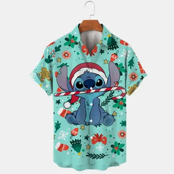 Рождественские гавайские рубашки Disney Stitch, мужская и женская повседневная пляжная рубашка, гавайская рубашка Disney с коротким рукавом и пуговицами на пуговицах  5