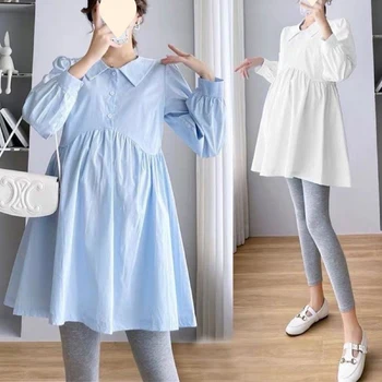Одежда для беременных, весенняя и осенняя одежда, леггинсы средней длины с длинными рукавами, топ, свободная рубашка большого размера, трендовая юбка для беременных  5